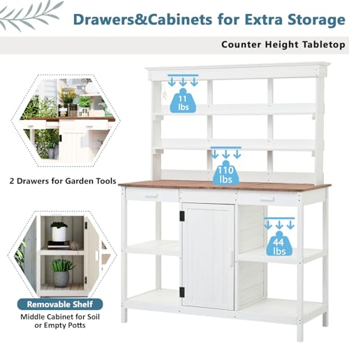 66" Large Outdoor Farmhouse Wooden Potting Bench Table, Garden Workstation with 2 Drawers, Cabinet and Open Shelves for Backyard, Mudroom, White Solid Wood Workspace Mudroom Ready