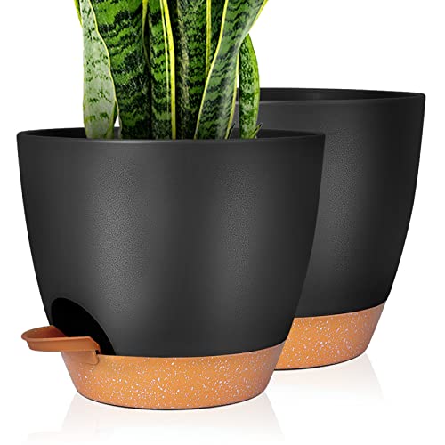 GARDIFE Plant Pots Set of 2 Pack 8 inch,Planters for Indoor Plants with Drainage Holes, Modern Decorative Flower Pots for All House Plants, Flowers, Black&Brown - color: 8-black, size: 8 inch|2 pcs