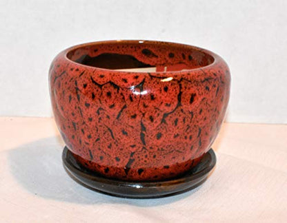 New 6.5" Burnt Red & Black Cheetah Speckled Potbelly Planter Plant Pot & Saucer