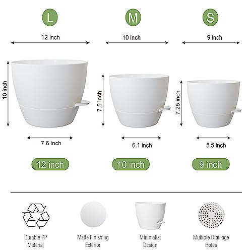 UOUZ Large Self Watering Pots, 12/10/9 Plastic Planters with High Drainage Holes and Deep Reservoir for Indoor Outdoor Garden Plants and Flowers, White - color: White