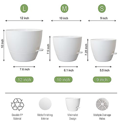 UOUZ Large Self Watering Pots, 12/10/9 Plastic Planters with High Drainage Holes and Deep Reservoir for Indoor Outdoor Garden Plants and Flowers, White - color: White