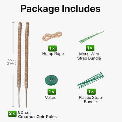 Mcbazel 2 Pack 31.5 Inch Bendable Moss Pole for Plants Monstera - Coco Coir Plant Support Stakes for Climbing Indoor Pothos, Potted Climbers & Philodendron - Flexible Stick Kit with Full Garden Ties - size: 2x80CM/31.5inch