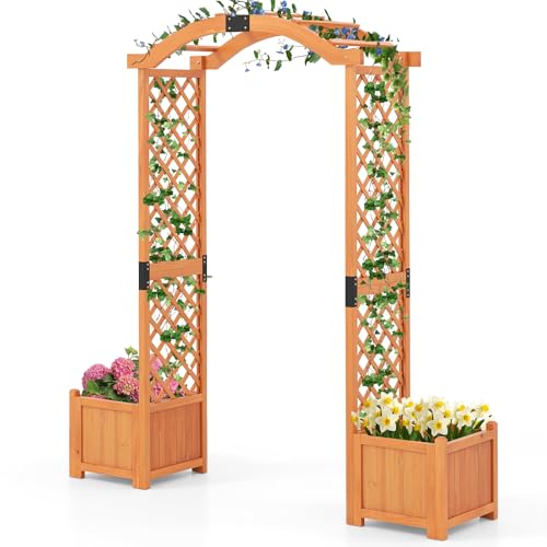 Giantex Garden Arbor with Planter Boxes, Wooden Arch with Trellis and Raised Garden Bed for Climbing Vine Plants Vegetables Herbs, Decorative Arbor Archway for Wedding, Ceremony, Party (Orange)