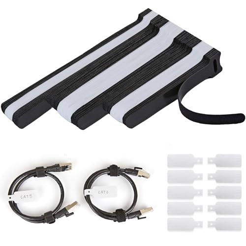 70 PCS Reusable Cable Ties with Hook and Loop, Multi-purpose Adjustable Cable Management Wire Ties & 10 PCS Cable Labels, Cord Organizer for Home, Office and Data Centers (4/6/8 Inch, Black+White) - color: 4/6/8 Inch 70 Pcs&10 Labels-bw