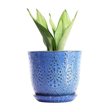 Gepege 8 Inch Ceramic Plant Pot with Drainage & Saucer - color: Blue, size: 8 Inch