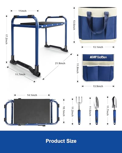 KVR Garden Kneeler and Seat Heavy Duty, 7-Piece Foldable Gardening Bench & Stool Set with 3 Aluminum Tools, 2 Secure Tool Pouches and Double-Layer Tote Bag, Gift for Seniors - color: Blue