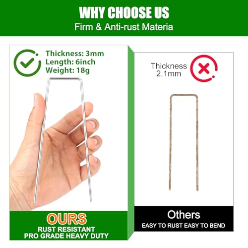 Ground Staples with Rubber Hammer,Pick Hook and Gloves,6Inch 100pcs Galvanized Garden Pegs+ 100pcs Gaskets,Anti-Rust,U-Shaped Lawn Spikes,Landscaping Fabric Pins for Weed Barrier,Yard Grass Cover