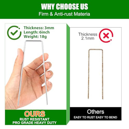 Ground Staples with Rubber Hammer,Pick Hook and Gloves,6Inch 100pcs Galvanized Garden Pegs+ 100pcs Gaskets,Anti-Rust,U-Shaped Lawn Spikes,Landscaping Fabric Pins for Weed Barrier,Yard Grass Cover