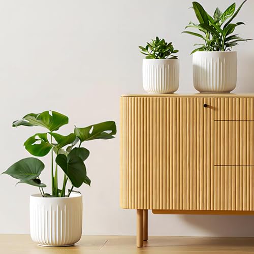 LE TAUCI Ceramic Planters, 8.3/7/6 Inch Indoor Pots for Plants with Drainage Holes & Mesh, Modern Matte Glaze Cylinder Fluted Plant Pot for Snake Plant, Set of 3, White - color: White