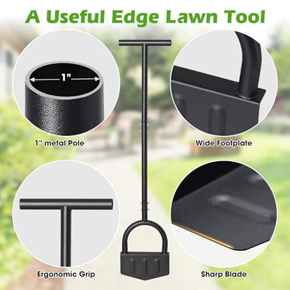 Lawn Edger Tool – Half Moon Edger with Wide Footplate, Manual Hand Metal Yard Garden Flower Bed Weed Landscape Grass Edger for Sidewalk, Garden Border and Cable Burying Long Handle 40"