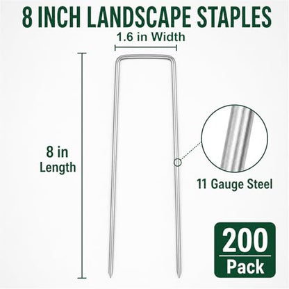 200 Pack 8 Inch Landscape Staples, Weed Barrier Stakes, 11 Gauge Galvanized