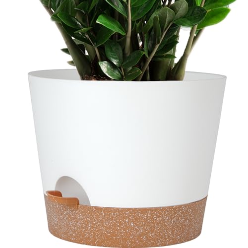SwinDuck 12inch Large Self Watering Plant Pot, Plastic Cylinder Planter with 60Oz Deep Reservoir and Saucer for Indoor Outdoor Plants Flowers Houseplants, White with Brown - color: White With Brown