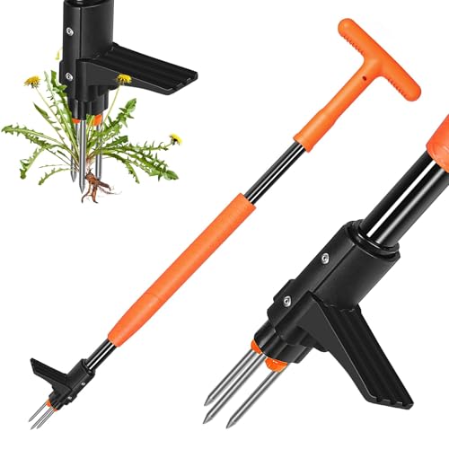 SHANTRA Weed Puller Tool, 3-Claw Stand Up Weed Puller Tool with Long Handle, Garden Weeder Puller Heavy Duty Stand Up Weeder, Weeding Tool for Lawn, Yard, Garden, Crabgrass, Dandelion Picker - size: T-Grip
