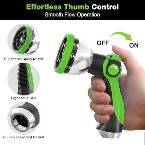 Besiter Garden Hose Nozzle, Hose Sprayer Nozzle with 10 Spray Patterns, Thumb Control On Off Valve, High Pressure Metal Water Hose Nozzle for Car Wash, Plants, Pets & Outdoor Cleaning, Green - color: Green