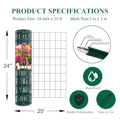 Green PVC Coated Welded Wire Fence 24" x 25' Roll, 2"x3" Mesh, 16 Gauge - color: Green, size: 2''x3'' 16GA 24''x25'