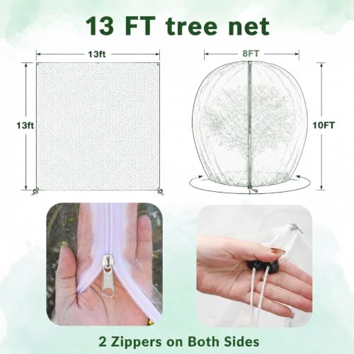 2 Pack 13x13ft Extra Large Fruit Tree Netting with Double Zipper & Double Drawstring, Heavy Duty Bird Netting for Fruit Trees, Reusable Tree Net to Protect from Birds, Squirrels, Deer