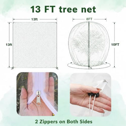 2 Pack 13x13ft Extra Large Fruit Tree Netting with Double Zipper & Double Drawstring, Heavy Duty Bird Netting for Fruit Trees, Reusable Tree Net to Protect from Birds, Squirrels, Deer