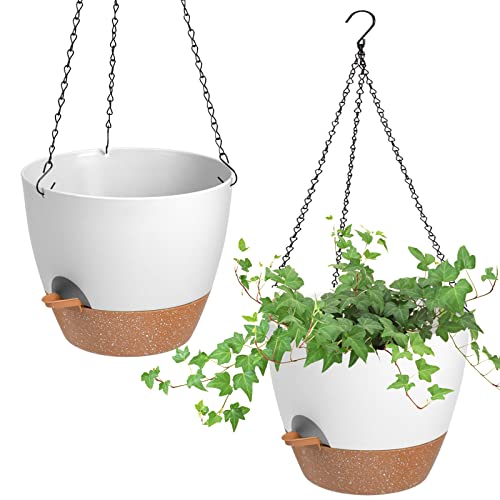 10 Inch Self Watering Hanging Planters for Indoor Outdoor Plants, 2 Pack - color: White, size: 10''