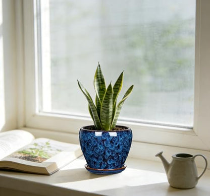 Hollyone Ceramic Planter Blue Ceramic Plant Pot for Plants Flowers 5.5 inch with Drainage Hole and Saucers Ceramic Glaze Round Flower Plant Pot for Indoor Outdoor Round Succulent Orchid Flower Pot - size: 5.5 Inch (Single)