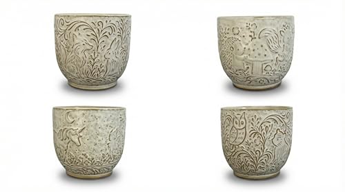 Ceramic Animal Embossed Planter Pots with Drainage Holes and Saucers, 4 Inch, Set of 4, Assorted Designs - color: White, size: 4 Inch