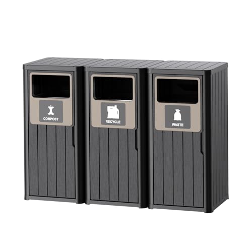 PatioZen Outdoor Three Barrel Trash Can,Waterproof Resin Garbage Can with Garbage Labels,Durable Waste Bin for Porch, Backyard,Kitchen,for 30 to 39 Gallon Trash Bags - color: Black, size: 50*16*35