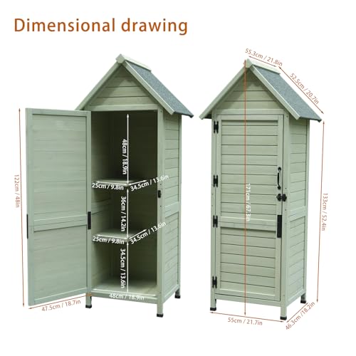 SUHPETNSOutdoor Wooden Storage Shed with Safety Latch & Adjustable Shelves, Weather‑Resistant Garden Tool Cabinet, Patio Storage Organizer (Light Green)