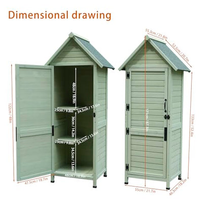 SUHPETNSOutdoor Wooden Storage Shed with Safety Latch & Adjustable Shelves, Weather‑Resistant Garden Tool Cabinet, Patio Storage Organizer (Light Green)