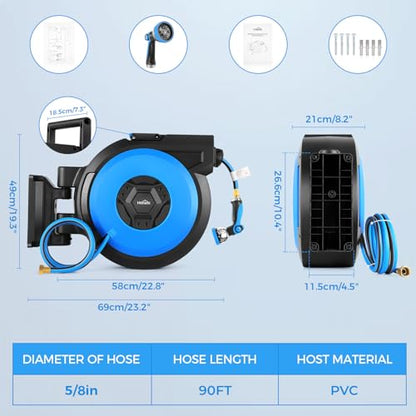 Retractable Garden Hose Reel, 5/8" x 90FT Automatic Retractable Water Hose Reel Wall Mount, with 10- Function Sprayer Nozzle, Any Length Lock/Auto Rewind/180°Swivel - size: 90 Ft