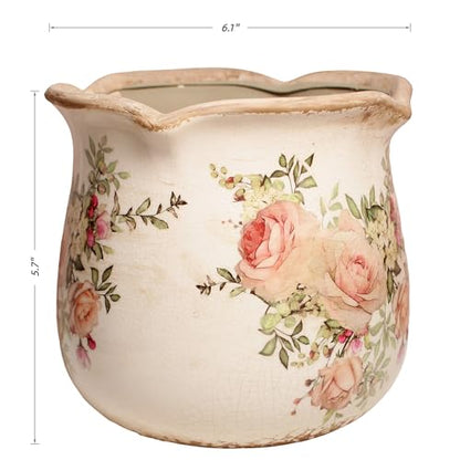 Ceramic Flower Vase, Rustic Farmhouse Vases & Planting Pots with Drainage - color: Ivory Blush Floral