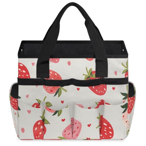 Strawberries Gardening Tool Bag,Heavy Duty Garden Tote Bag,Portable Oxford Gardening Storage Basket Organizer Handbag with Pockets Handle,Hand Tools Gifts for Outdoor Garden Lawn Yard - color: Strawberries