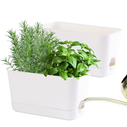 Oliz Self Watering Planters: 2 Packs Rectangular Plant Pots with with Drainage and Tray, 10 Inch Window Pot Self Watering Planter for Herb, Houseplants
