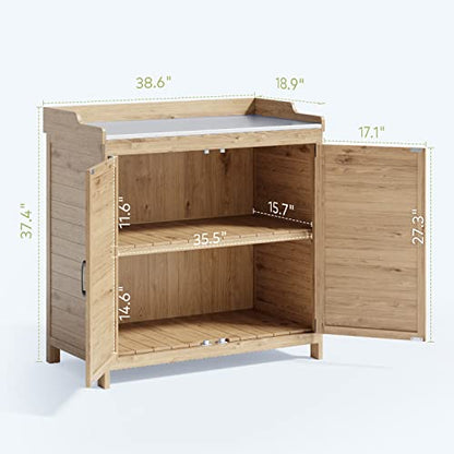 Gizoon Outdoor Potting Bench with Metal Tabletop, Wooden Cabinet, Natural