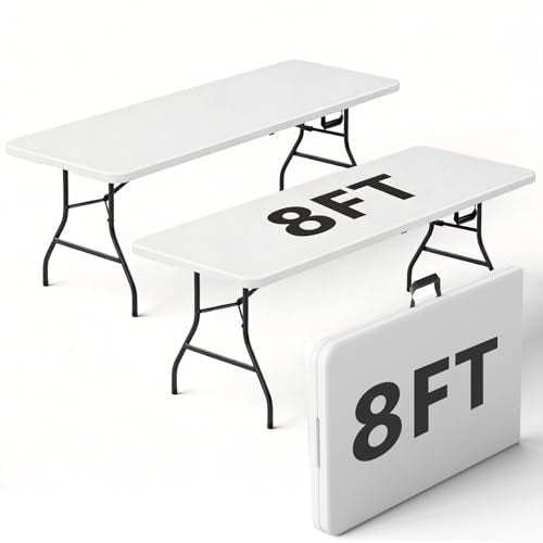2 Pack 8FT Folding Table, Foldable Picnic Table with Carrying Handle, Heavy Duty Fold-in-Half Portable Table for Weddings, Camping, RV Travel, Parties, and Indoor Use, Easy to Fold and Store, White - color: White, size: 8FT-2 Pack