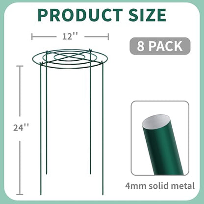 8 Sets Peony Support Cage,12"Diax24"High Heavy Duty Metal Plant Support,Grow Through Hoops Grids with 4 Thickened 4mm Legs,Strong Support Brace for Heavy Blossoms,Flower Support Ring for Peonies,Rose - size: 12"X24"-8PCS