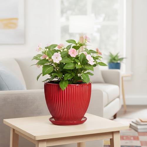 Ceramic Flower Pots 8 Inch, Ceramic Planters with Saucer, Red - color: Red, size: 8 Inch