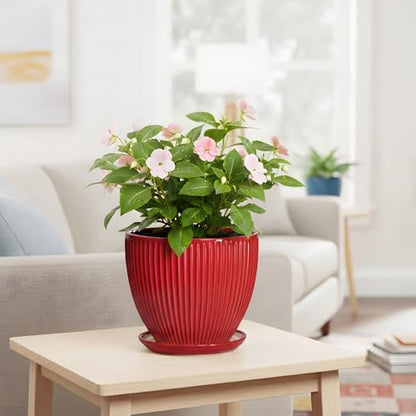 Ceramic Flower Pots 8 Inch, Ceramic Planters with Saucer, Red - color: Red, size: 8 Inch