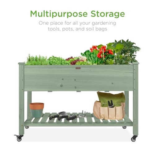 Best Choice Products Raised Garden Bed 48x24x32-inch Mobile Elevated Wood Planter w/Lockable Wheels, Storage Shelf, Protective Liner - Sage - color: Sage