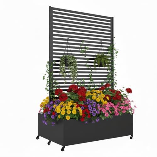 Double Metal Planter Box with Trellis Privacy Screen, Raised Garden Bed with Trellis & Wheels, Planter Box Outdoor with Drainage Holes for Climbing Plants, Vines,73"x 47"x 30", Black - color: Black, size: 73"x 47"x 30"