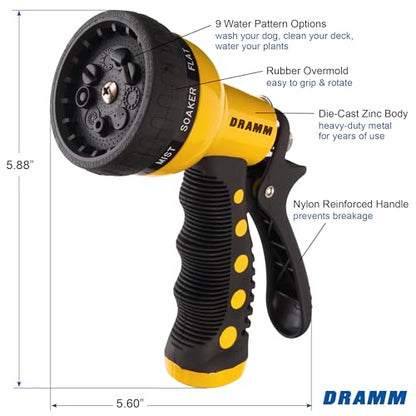 Dramm Revolver Heavy Duty Metal Garden Hose Nozzle – 9 Spray Patterns, High Pressure Jet, Thumb-Control Flow, Ergonomic Grip – Yellow - color: Yellow, size: Revolver