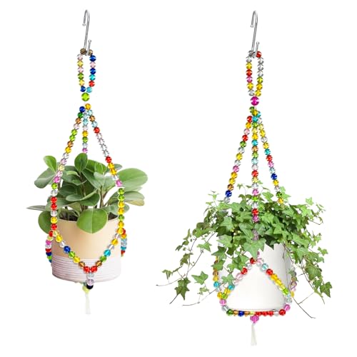 2 Pack Macrame Plant Hangers with 2 Hooks, 17.9inch/16.7inch Bead Hanging Planter for Indoor Outdoor Bohemian Home Garden Decor