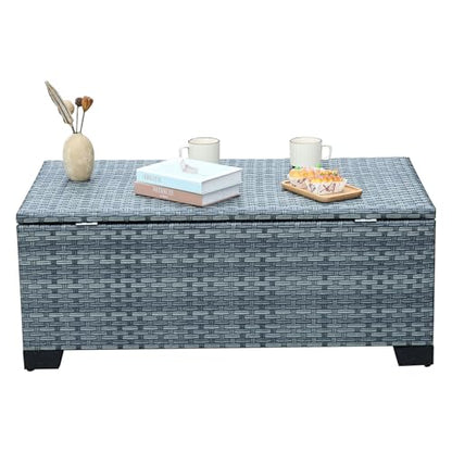 Outdoor Storage Table Wicker Patio Coffee Table All-Weather Rattan Side Table with Waterproof Cover, Grey - color: Grey