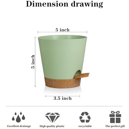 5 Pack 5 Inch African Violet Pots Self Watering, Self-Watering Planters with Drainage Holes & Reservoir, Green Brown Plastic Pots for Indoor Outdoor Plants, Succulents & Flowers - color: Green Brown, size: 5 inch 5 pcs