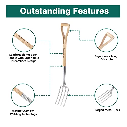 Gardening Digging Fork, 4-Tine Stainless Steel Pitchfork - size: 44in
