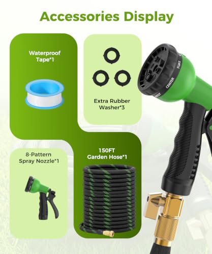 150ft Garden Hose, Non-Expandable Water Hose with 8 Function Spray Nozzle, Lightweight, Knik-Free, Burst-Resistant, Durable & Flexible 3/4" Garden Hose for Lawn, House Cleaning, Car Washing - size: 150ft-1