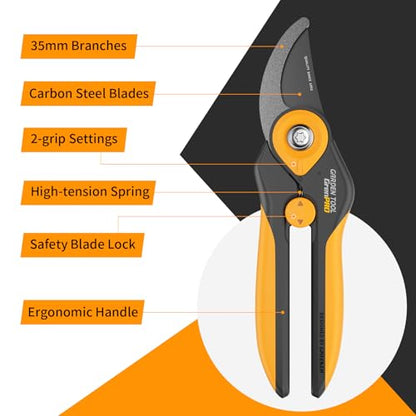 GRENPRO Heavy Duty Bypass Pruning Shears, 8.6", 1.38" Capacity, Orange - color: Orange