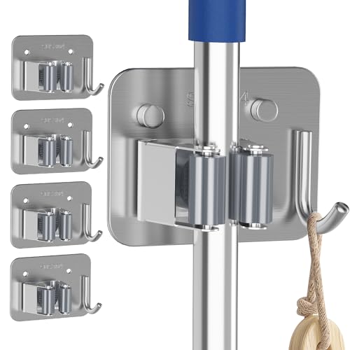 4 Pack Stainless Steel Mop and Broom Holder Wall Mount with Hook, Silver - color: A-Silver, size: 4PCS Gripper