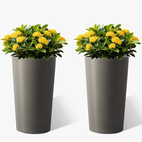 22 Inch Round Tall Front Porch Planters Set of 2 for Outdoor and Indoor Plants, Large Plant Pot with Brushed Finish for Front Door, Brown Tree Planter - color: Brown