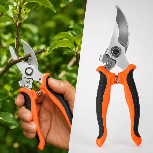 Labor-saving Pruning Shears, Carbon Steel Garden Pruner, Ergonomic Non Slip Hand Pruning Scissors with Safety Lock for Plant Stem Flower Shrub Orchard Home Gardening Trimming