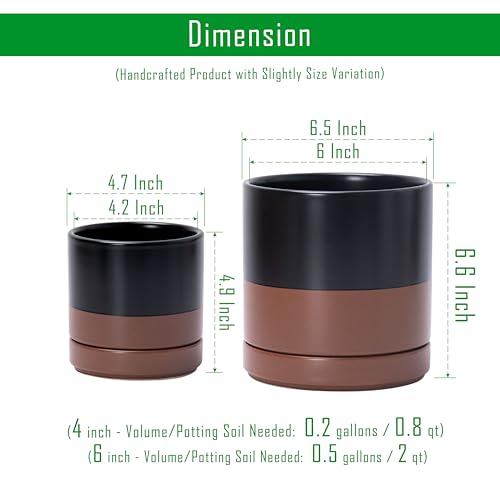 D'vine Dev 2-Pack Ceramic Pots with Saucers, Black/Tan, 4/6 in, 94-G-S-7 - color: Black/Speckled Tan, size: Small