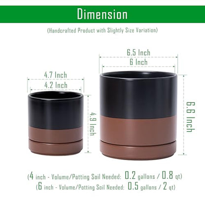 D'vine Dev 2-Pack Ceramic Pots with Saucers, Black/Tan, 4/6 in, 94-G-S-7 - color: Black/Speckled Tan, size: Small